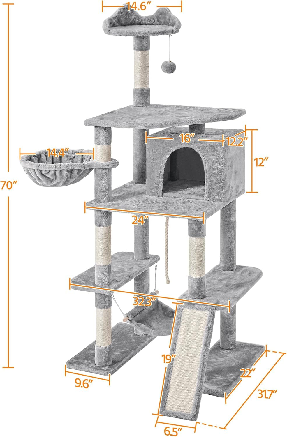 70 Inches Stable Cat Tree with Padded Platform